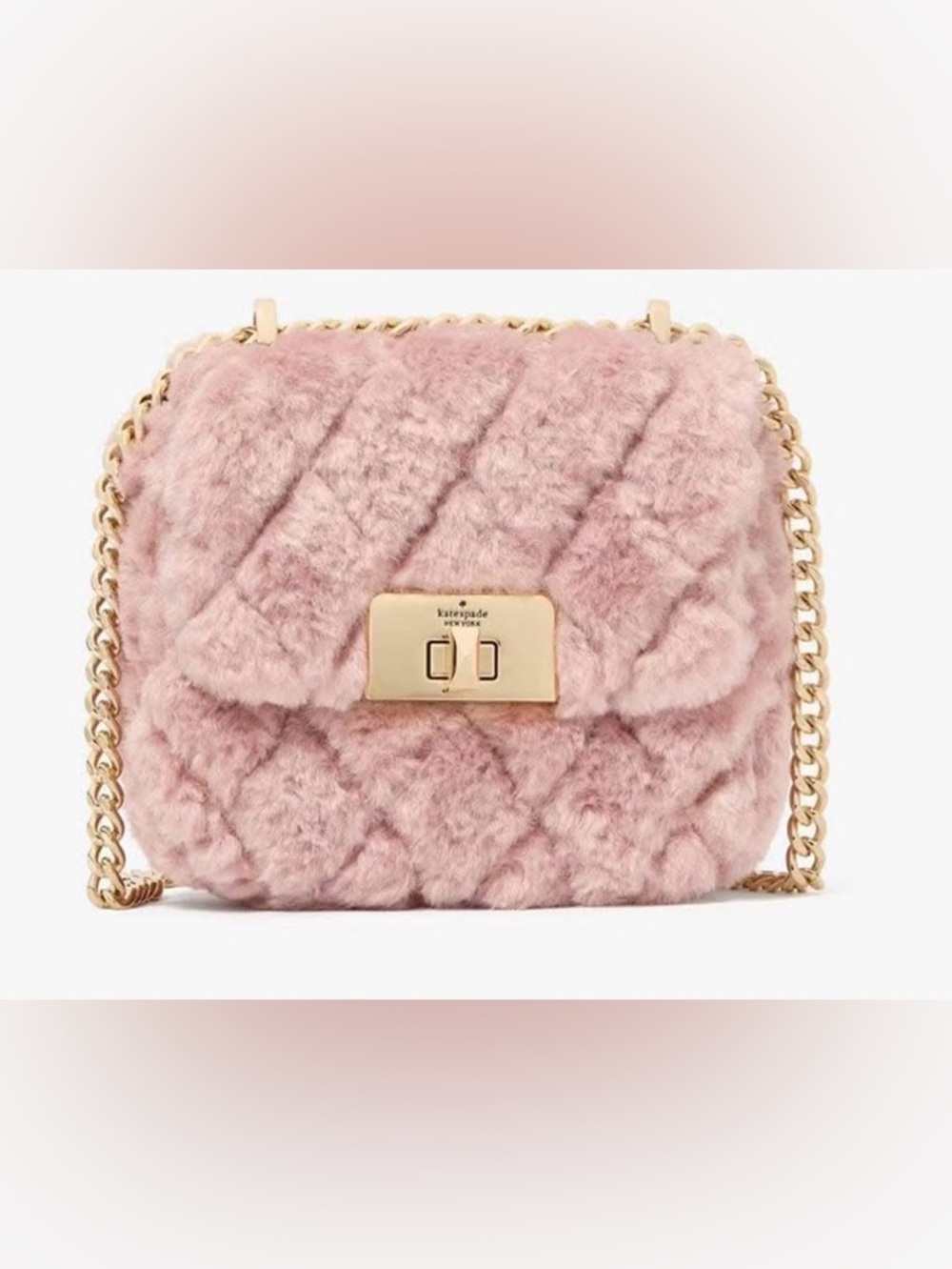 kate spade Pink Quilted Faux Fur Mini Chain Shoulder Bag with Gold Hardware